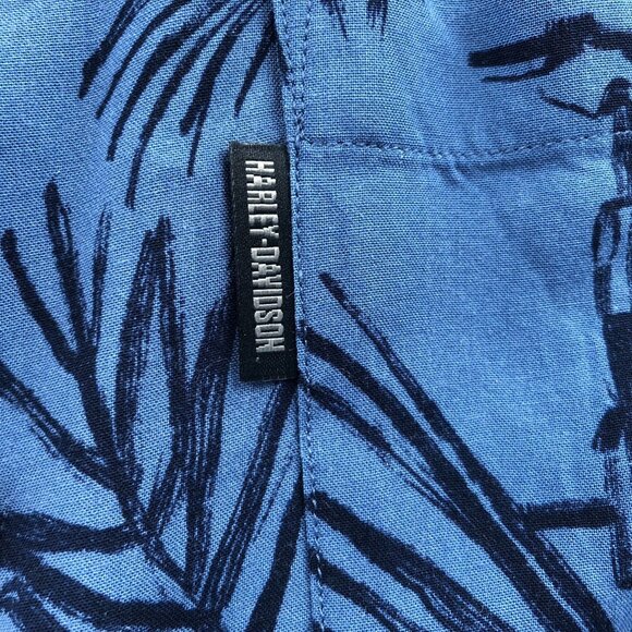Harley-Davidson Mens Hawaiian Shirt Large Short Sleeve Blue Casual Moto Leaf Y2K - Picture 8 of 14